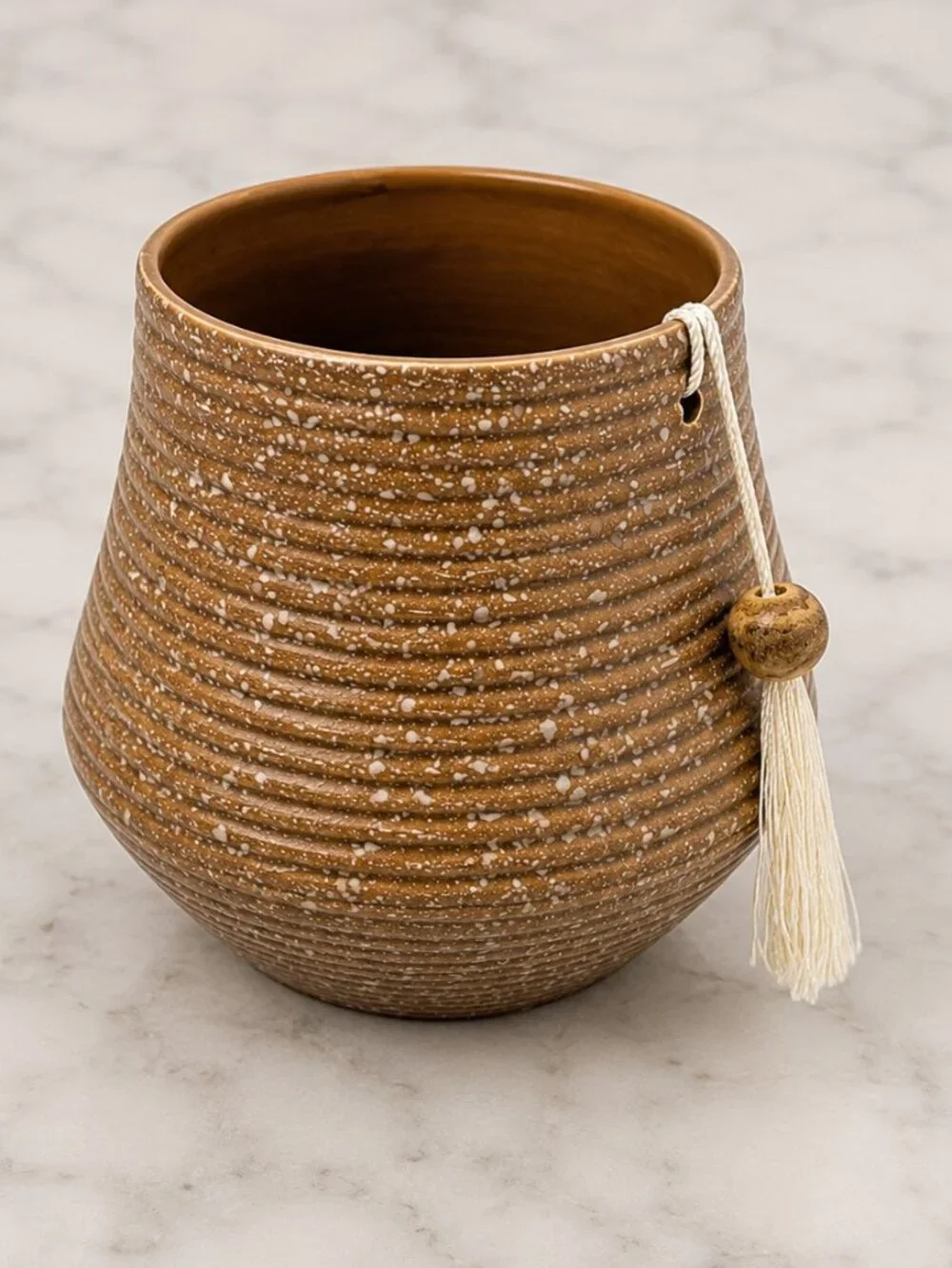 Vintage Speckled Ribbed Ceramic Planter Vase w Tassel Boho Pottery